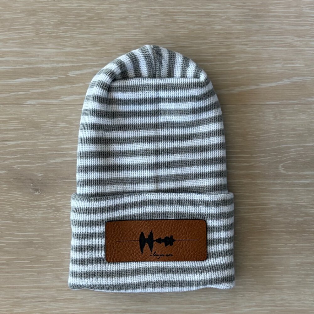 NEW I Love You More Cotton Baby Beanie Newborn Gray White Stripe Minimalist